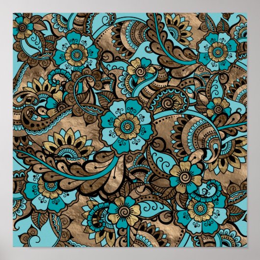Poster Floral Paisley Motif - turquoise et or (Devant)