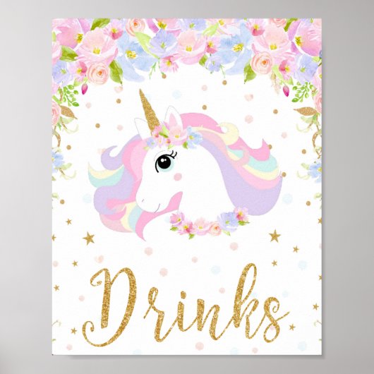 Poster Floral Pastel Unicorn Boissons Signale Décor Table (Devant)