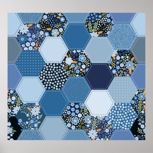 Poster Floral, patchwork de denim : motif bleu. (Devant)