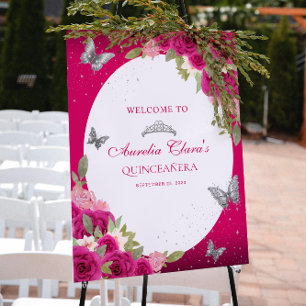 Poster Floral rose Argent Tiara Papillon Quinceañera