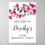 Poster Floral rose blanc 60e anniversaire Bienvenue<br><div class="desc">Belle aquarelle rose fleurie signe d'accueil avec un spray de panneaux rose et blanc sur le dessus. Le nom du célébrant de l'anniversaire est écrit dans un très joli script féminin. Deux lignes au-dessus et au-dessous vous permettent de customiser votre message de bienvenue.</div>