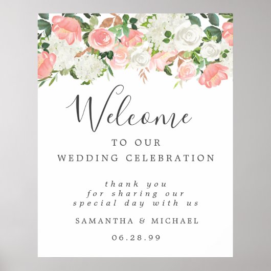 Poster Floral rose blanc Bienvenue à notre panneau Mariag (Devant)