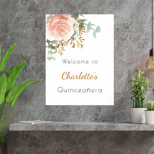 Poster Floral rose or verdure Quinceanera bienvenue