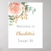 Poster Floral rose or verdure Sweet 16 bienvenue (Devant)