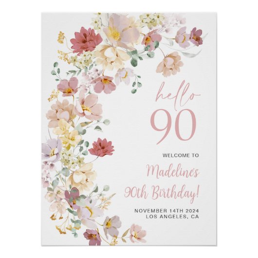 Poster Floral rose pâle 90e anniversaire Bienvenue (Devant)