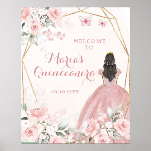 Poster Floral rose pâle Princesse Quinceañera Bienvenue