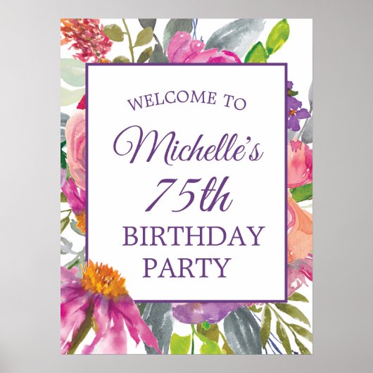 Poster Floral rose violet 75e anniversaire Bienvenue (Devant)