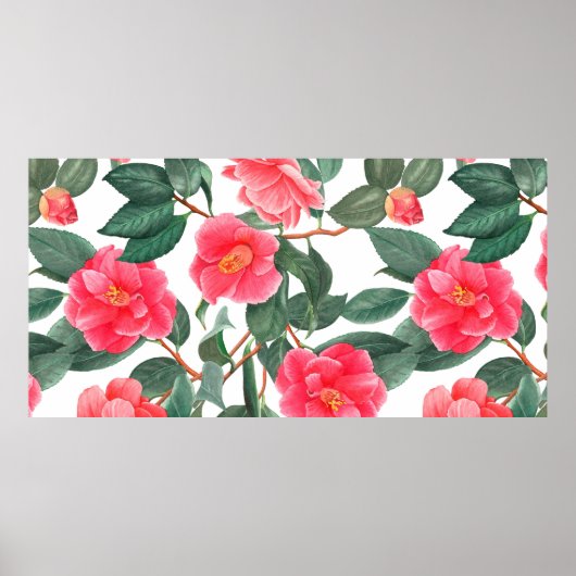 Poster Floral sans couture motif, fleurs de camélia rouge (Devant)
