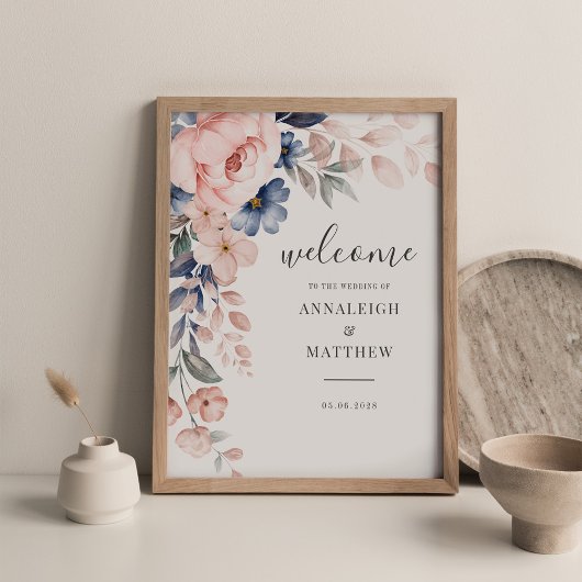 Poster Floral Script rose Aquarelle Mariage Bienvenue