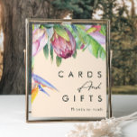 Poster Floral tropical coloré | Cartes de pêche et cadeau<br><div class="desc">Cette floraison tropicale colorée | carte pêche et signe cadeau est parfait pour votre destination boho moderne vert, violet, mariage pêche. Le design présente un élégant bouquet de verdure et de fleurs de plage classiques, dont l'eucalyptus vert sauge, le mauve et la protéa rouge, l'hibiscus rose rousse, l'oiseau de paradis...</div>