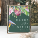 Poster Floral tropical coloré | Cartes et cadeaux verts<br><div class="desc">Cette floraison tropicale colorée | carte verte et signe cadeau est parfait pour votre destination boho moderne vert, violet, mariage pêche. Le design présente un élégant bouquet de verdure et de fleurs de plage classiques, dont l'eucalyptus vert sauge, le mauve et la protéa rouge, l'hibiscus rose rousse, l'oiseau de paradis...</div>