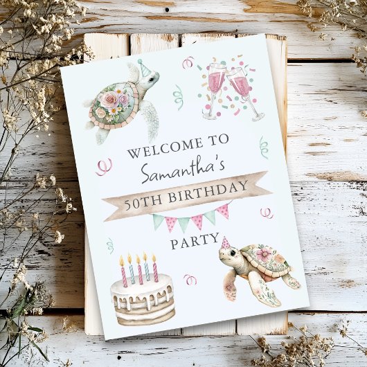 Poster Floral Turtle Birthday Party Welcome