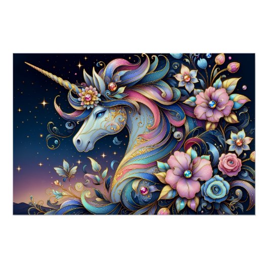 Poster Floral Unicorn Night Fantasy (Devant)