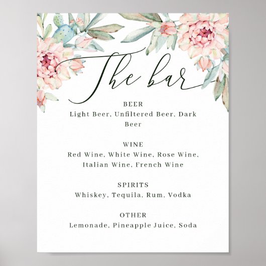 Poster Floral Wedding Bar Menu Sign. Watercolor Botanical (Devant)