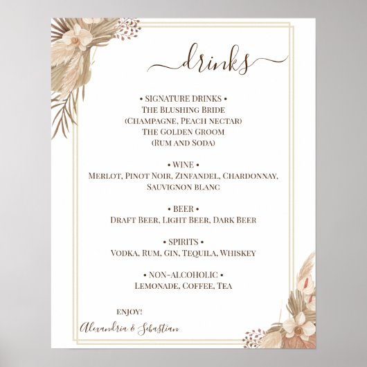 Poster Floral Wedding Drinks Menu Sign (Devant)