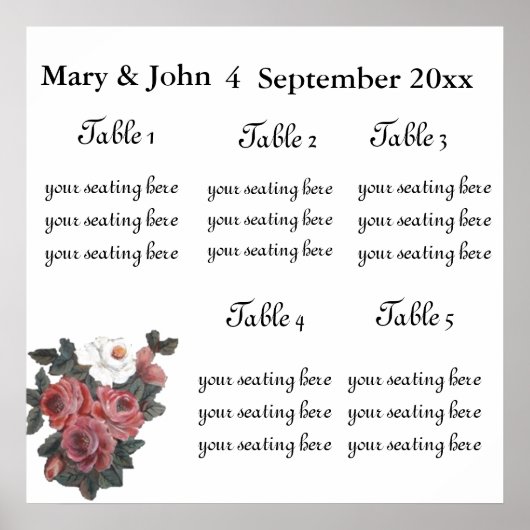 Poster Floral Wedding "Roses" seating chart. (Devant)