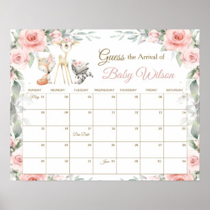 Poster Floral Woodland Animals Guess Baby's due Date de J