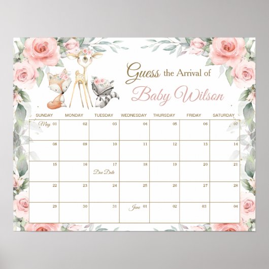 Poster Floral Woodland Animals Guess Baby's due Date de J (Devant)