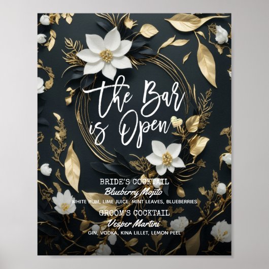 Poster Floral Wreath Mariage The Bar is Open Drink Menu (Devant)