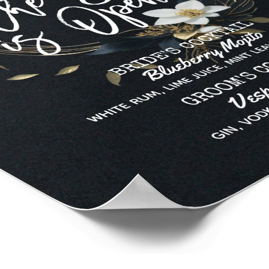 Poster Floral Wreath Mariage The Bar is Open Drink Menu (Coin)