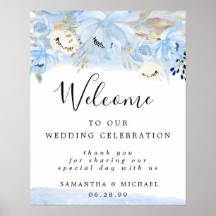 Poster Florale Bleue et Or Bienvenue à notre panneau Mari