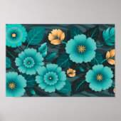 Poster Florale turquoise et or avec Feuilles vert foncé (Devant)