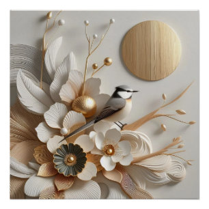 Poster Florales Abstraites et oiseaux avec soleil : Or, B