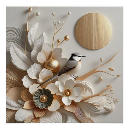 Poster Florales Abstraites et oiseaux avec soleil : Or, B (Devant)