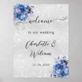 Poster Floraux bleu argent mariage bienvenue (Devant)