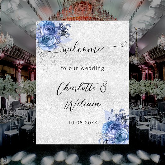 Poster Floraux bleu argent mariage bienvenue