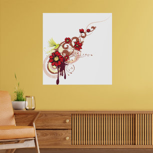 Poster Flore avec fleurs rouges et colibri