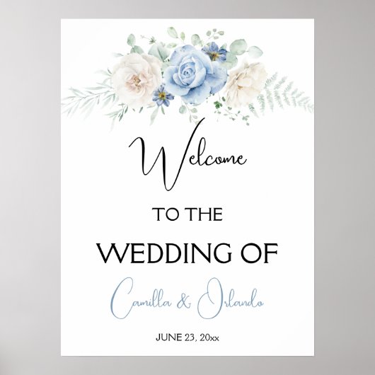 Poster Flore Bleue et Blanche Bienvenue à Notre Mariage (Devant)
