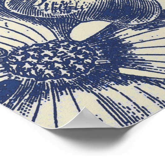 Poster Flore d'impression florale de fleurs bleues antiqu (Coin)