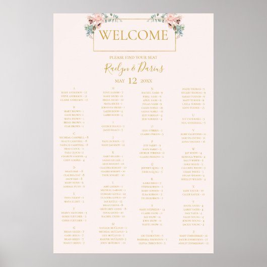 Poster Flore floue | Carte de siège alphabétique Pastel (Devant)