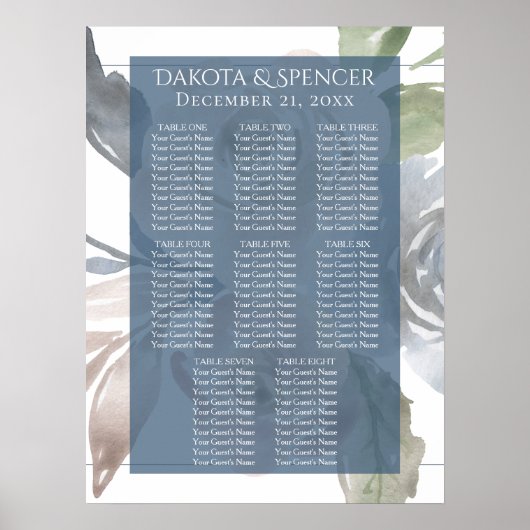 Poster Flore poussiéreux | Carte de siège Mariage Pastel (Devant)