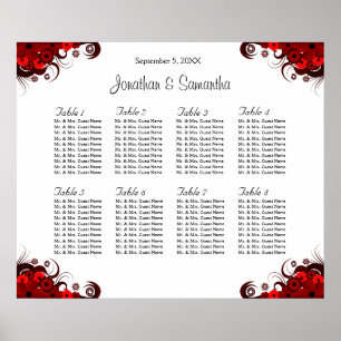 Poster Flore rouge et blanc 8 tables Mariages Cartes de s
