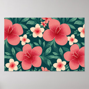 Poster Flore tropicale avec Hibiscus rouge et crème