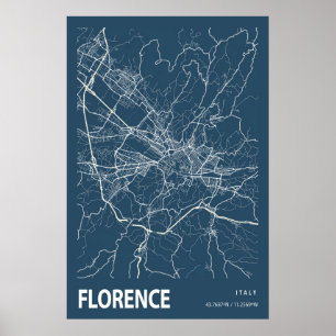 Poster Florence Italie Plan Ville Ligne Art Bleu Imprimer