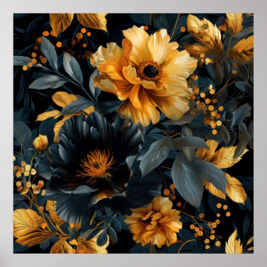 Poster Flores d'aquarelle à franges dorées (Devant)