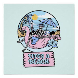 Poster Flotteur Flamant Rose Squelette de Plage