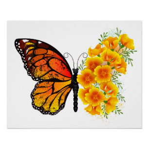 Poster Flower Butterfly with Yellow California Poppy