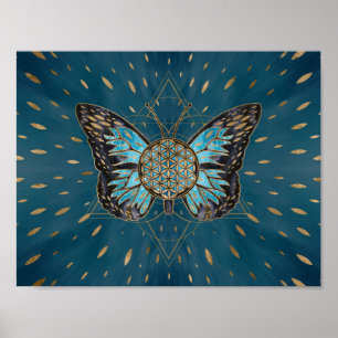Poster Flower of Life Butterfly - Blue Gemstone and gold