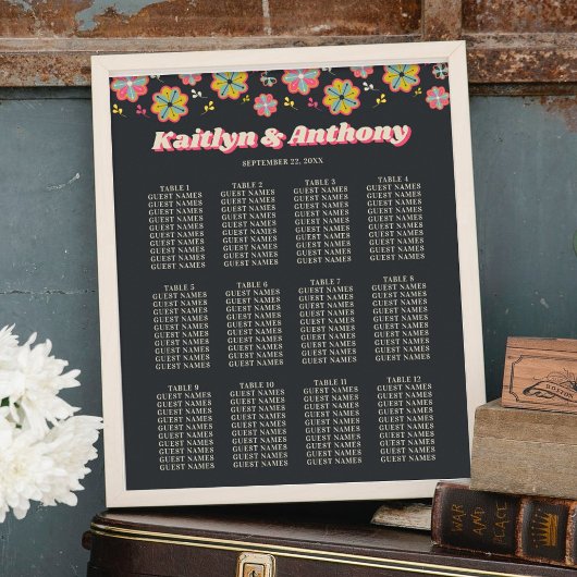 Poster Flower Power 70's Rétro Mariage Groovy Plan de Tab