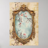 Poster flowering Japanese peach branches and antique text (Devant)