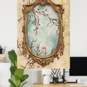Poster flowering Japanese peach branches and antique text (Bureau à domicile)