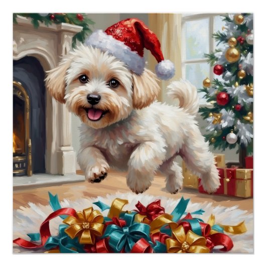 Poster Fluffy Bichon Frise Dog Joyful Christmas (Devant)