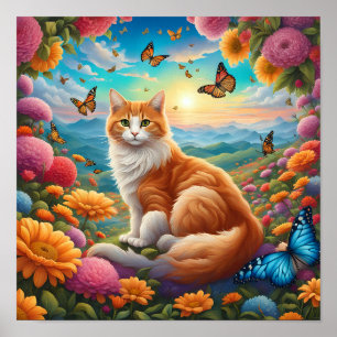 Poster Fluffy Chat assis dans un champ de fleurs