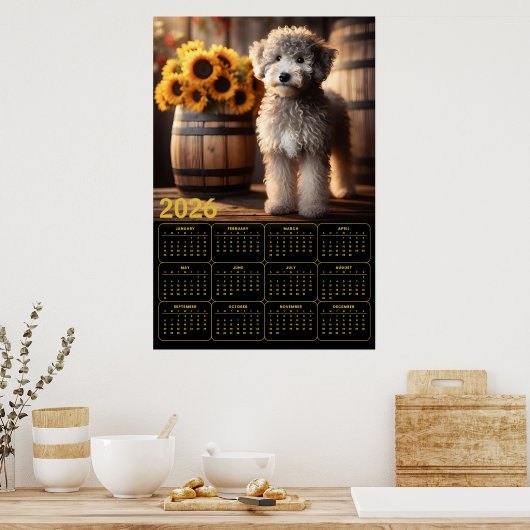 Poster Fluffy Goldendoodle avec Tournesols – 2026 Rustiqu (Cuisine)