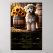 Poster Fluffy Goldendoodle with Sunflowers – 2026 Rustic  (Devant)