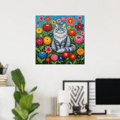 Poster Fluffy Gray Striped Cat with Folk Art Flowers (Bureau à domicile)